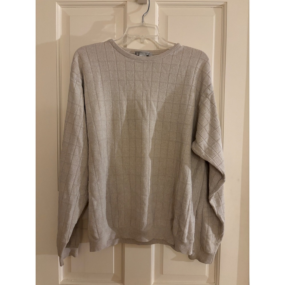 Vintage Geoffrey Beene Mens Tan Beige Grid Windowpane Ramie Cotton Sweater L